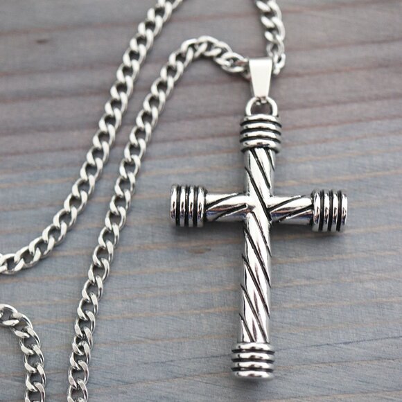 Cross Pendant Cuban Chain Necklace Silver Stainless Steel - Picture 1 of 3